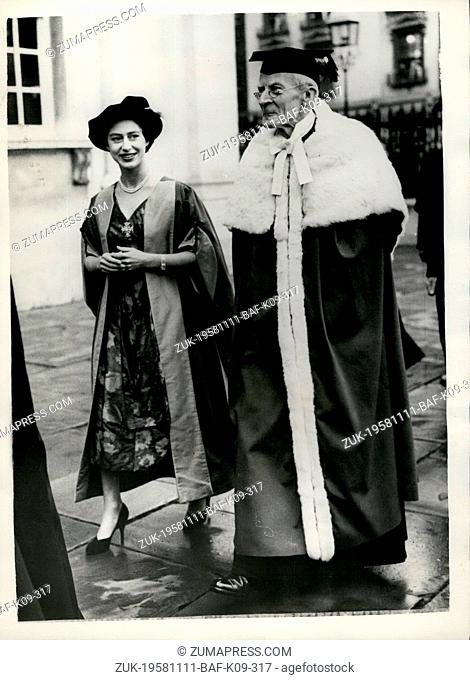 Nov. 11, 1958 - Princess Margaret at Cambridge university receives Honorary degree of doctor of law: Princess Margaret today went to Cambridge University where...