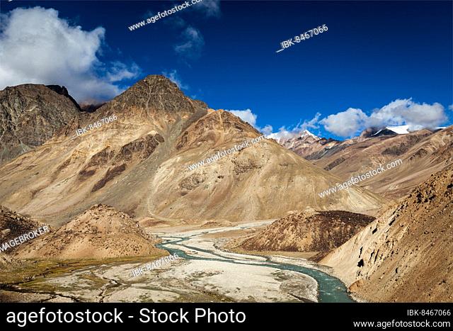 Himalayan landscape in Himalayas near Baralacha La pass. Himachal Pradesh, India, Asia