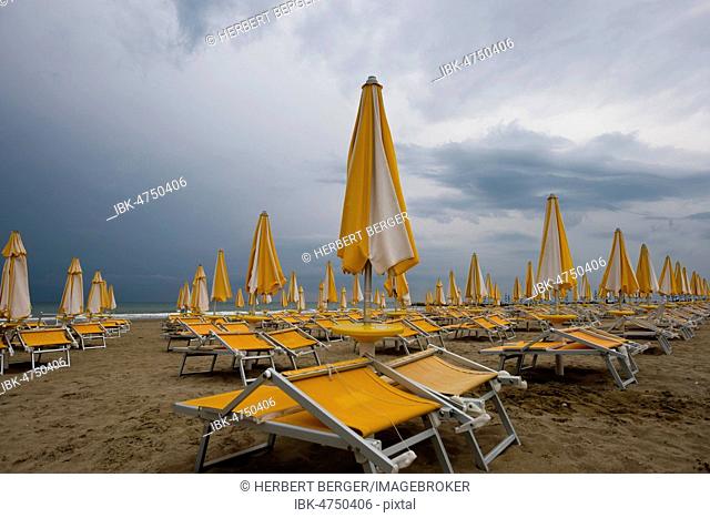 Abandoned beach chairs on the beach, Adriatic sea, Union Lido, Cavallino Treporti, Veneto, Italy