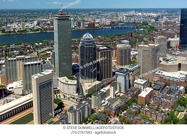 Aerial view of Prudential Center district, looking north from South End to Charles River, Boston, Massachusetts, USA