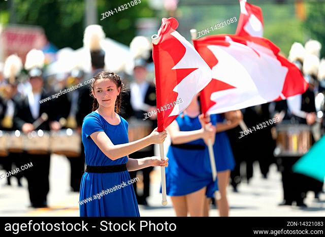 Buckhannon, West Virginia, USA - May 18, 2019: Strawberry Festival, The Diplomats Drum and Bugle Corps marching band from Windsor