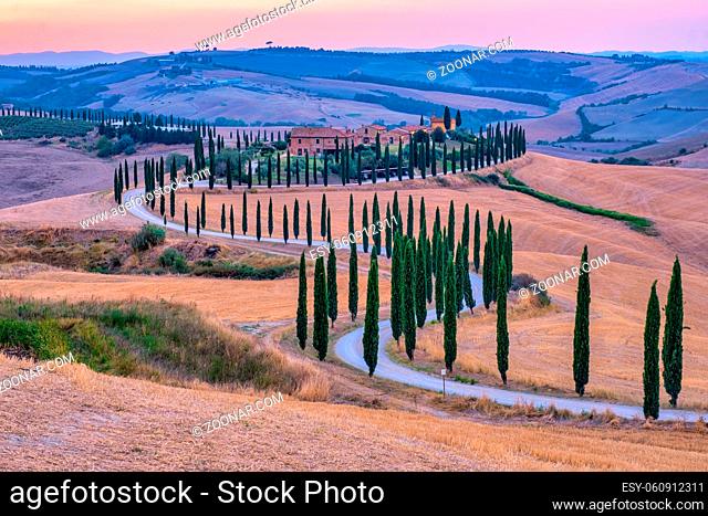 Tuscany landscape with grain fields, cypress trees, and houses on the hills at sunset. Summer rural landscape with a curved road in Tuscany, Italy, Europe