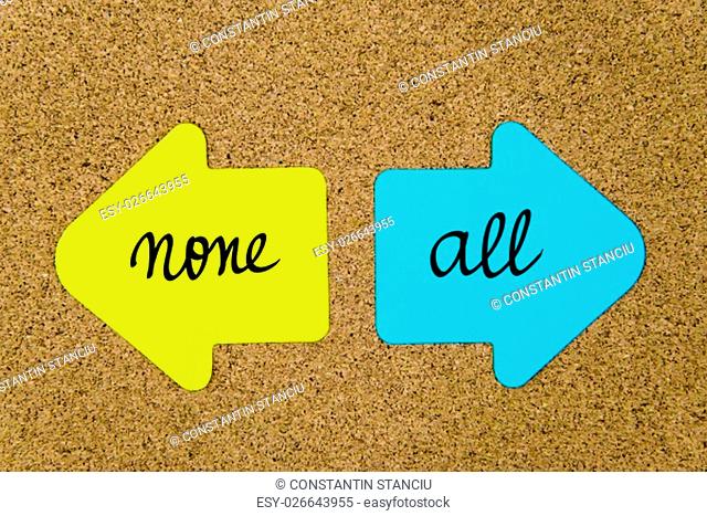 Message None versus All on yellow and blue paper notes as opposite arrows pinned on cork board with thumbtacks. Choice conceptual image