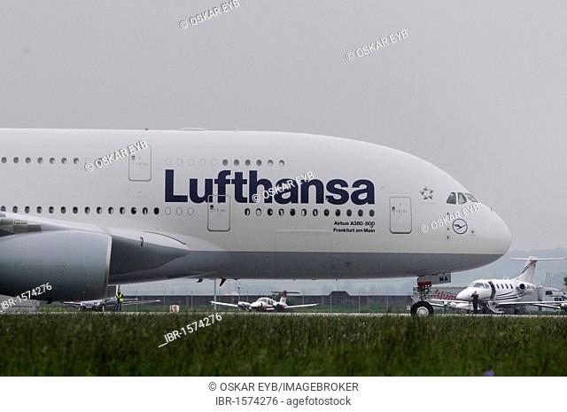 Lufthansa Airbus A380-800, registration D-AIMA, unique visit, landing in Stuttgart Airport, Stuttgart, Baden-Wuerttemberg, Germany, Europe