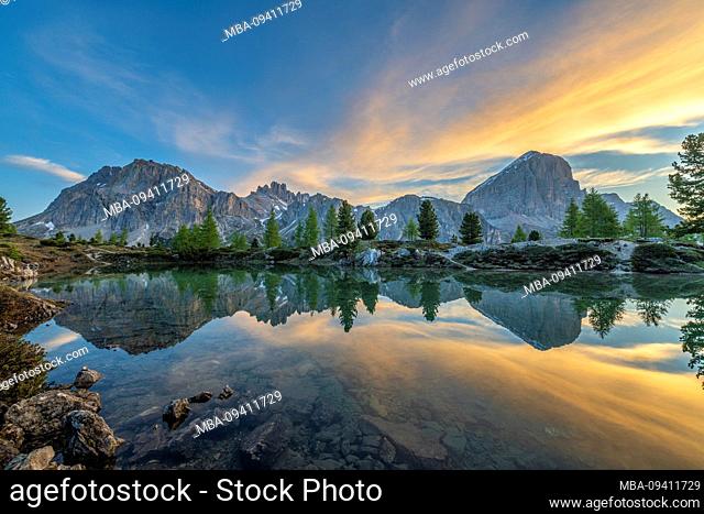 Sunrise at Lago di Limides, view of Tofane and Lagazuoi, Dolomites, Italy