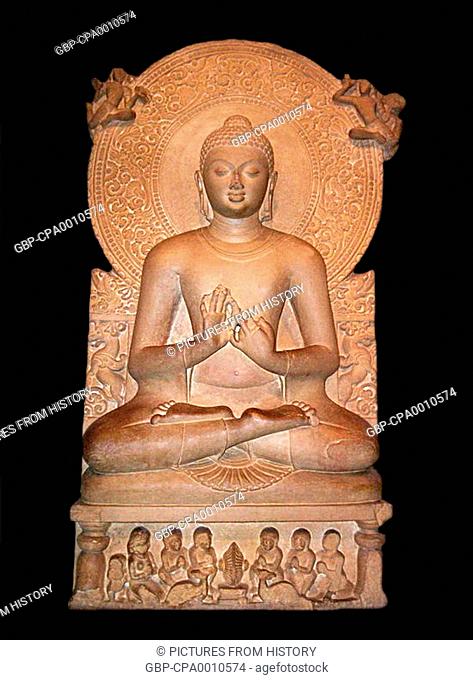 India: Statue of the Buddha in dharmacakra mudra, symbolizing teaching of the Dharma. Sarnath, Varanasi
