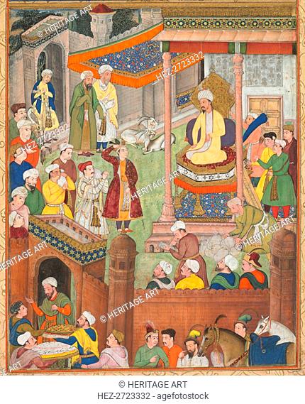 Babur receives booty and Humayun?s salute after the victory over Sultan Ibrahim.., c. 1596-1597 or Creator: Unknown