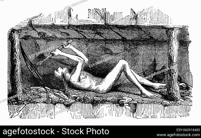 Young man employed in coal mining, vintage engraved illustration. Magasin Pittoresque 1843