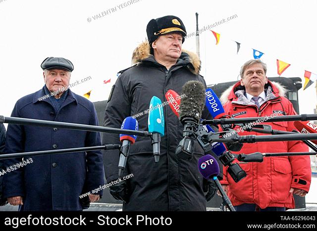 RUSSIA, ST PETERSBURG - NOVEMBER 28, 2023: Russian Navy Commander-in-Chief Nikolai Yevmenov (C) talks to journalists during the delivery of the Mozhaisk...