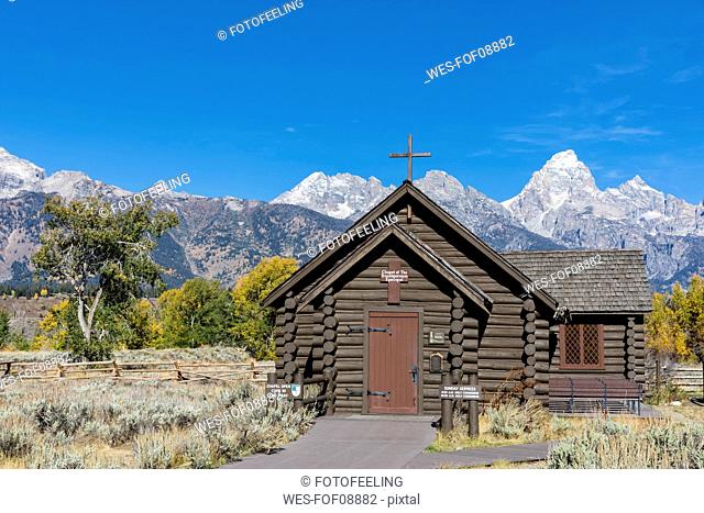 USA, Wyoming, Rocky Mountains, Grand Teton National Park, Cathedral Group and Chapel of the Transfiguration Episcopal