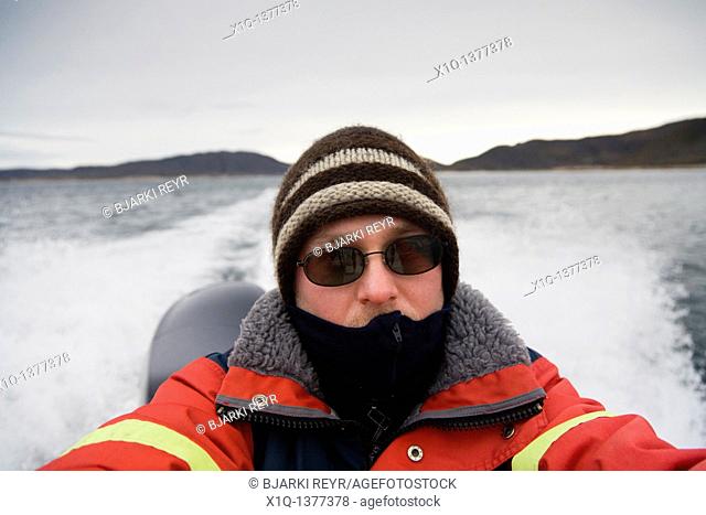 Passenger on a speedboat self portrait, South Greenland