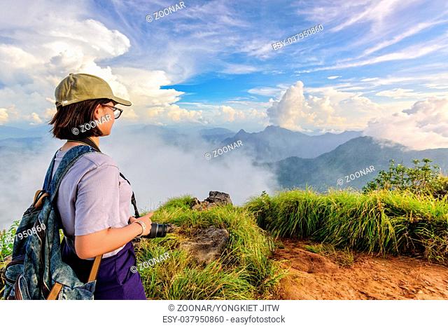 Tourist teen girl on Phu Chi Fa mountain