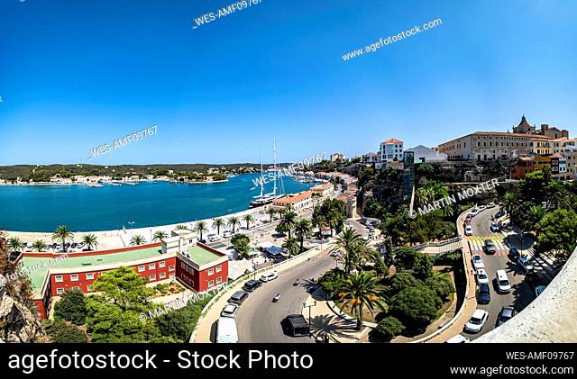Spain, Balearic Islands, Mahon, Panoramic view from Parc Rochina in summer