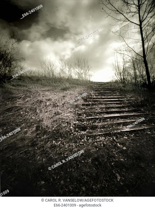 Stairway to heaven. stairway on hillside with cloudy sky. Shot with pinhole camera