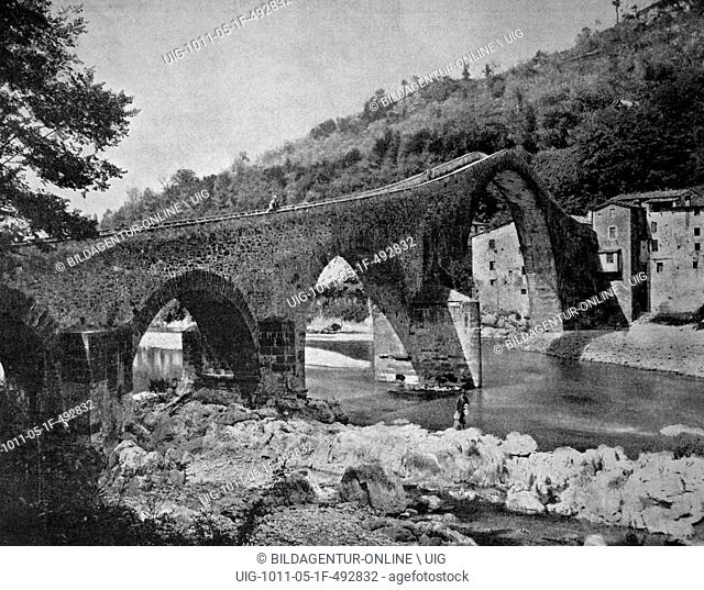 One of the first autotype prints, pont de borgo a mozzano bridge, historic photograph, 1884, borgo a mozzano, italy, europe