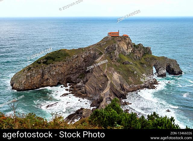 Bermeo, Basque Country, Spain: Monastery of San Juan de Gaztelugatxe on an islet on the coast of Biscay connected to the mainland by a man made bridge