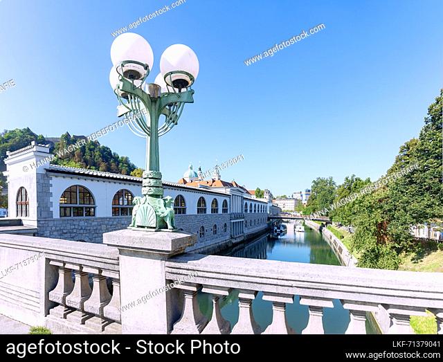 Ljubljana; Zmajski Most; dragon bridge; Art Nouveau lamps, market halls, Ljubljanica river