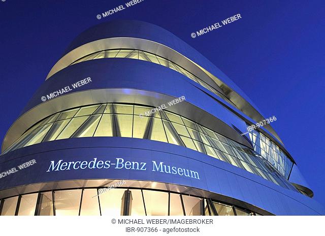 Mercedes Museum at night, Stuttgart, Baden-Wuerttemberg, Germany, Europe