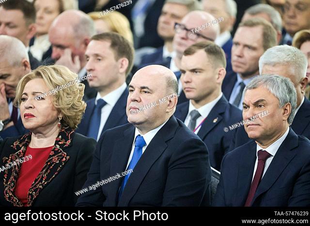 RUSSIA, MOSCOW - FEBRUARY 21, 2023: Federation Council Chairperson Valentina Matviyenko, Russia's Prime Minister Mikhail Mishustin