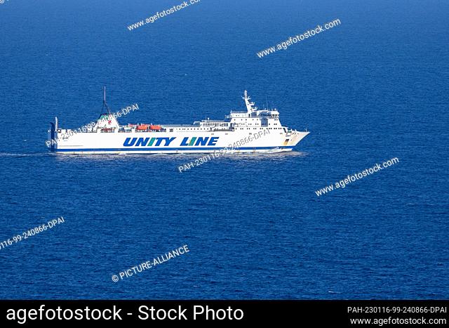 16 January 2023, Mecklenburg-Western Pomerania, Sassnitz: A ferryboat is underway on the Baltic Sea off the island of Rügen and can be seen from the future...