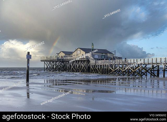 Stilt buildings on the beach, Sankt Peter-Ording, North Sea, Schleswig-Holstein, Germany, Europe