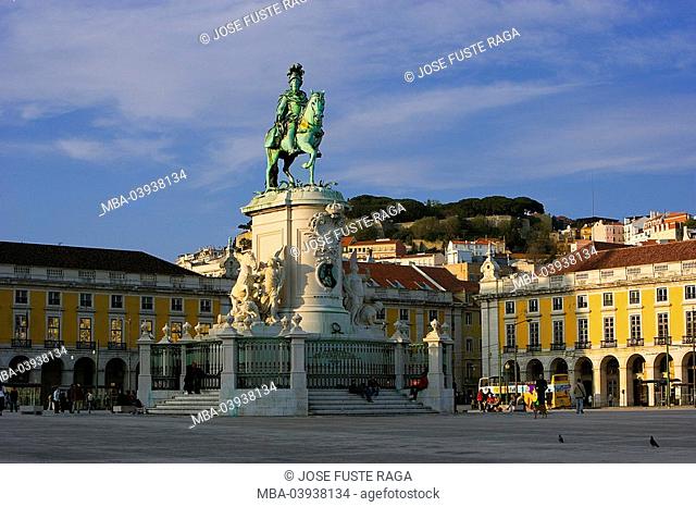 Portugal, Lisbon, Praca do Comercio, rider-statue, King Jose I., Iberian peninsula, city, capital, district, sight, houses, buildings, architecture, monument