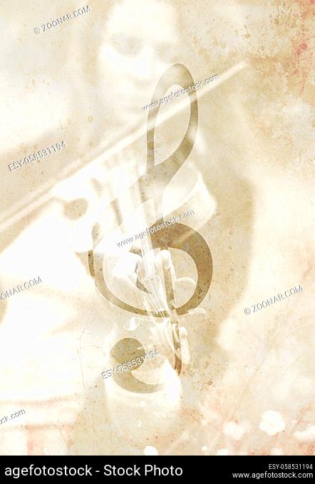 Violinist and Violin clef. Music concept. Old structure