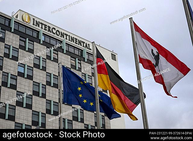 20 December 2023, Berlin: The Hotel Intercontinental Berlin with the flags of the EU, Germany and Berlin. Photo: Jens Kalaene/dpa