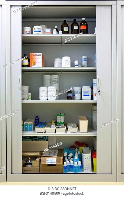 Photo essay at the hospital of Meaux 77, France. Hospital of Orgemont. Central pharmacy. Cabinet of chemical products for the preparation of drugs