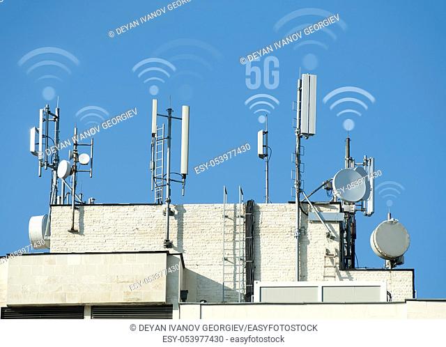 5G antennas and GSM transmitters. Concept for high speed 5G internet