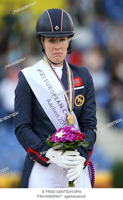 Gold medal winner Charlotte Dujardin of Great Britain at the medal ceremony after the Grand Prix Special Dressage Individual Final during the FEI European...