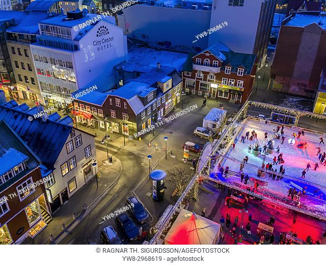 Ice Skating Rink, Winter, Reykjavik, Iceland. This image is shot using a drone