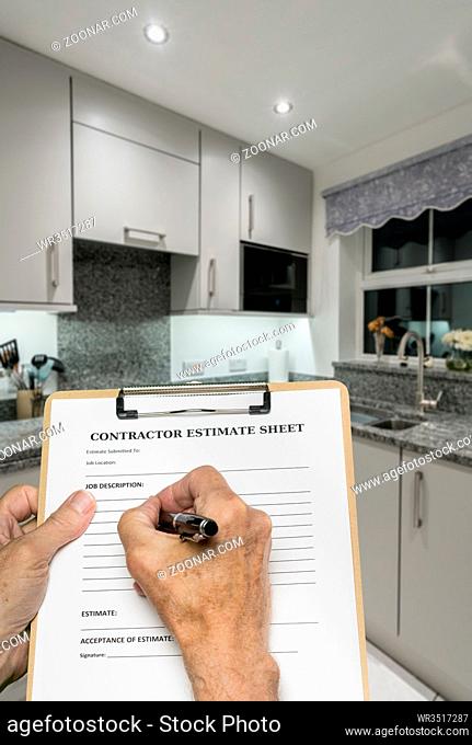 Contractor estimate form for decorating small modern kitchen in UK apartment or flat