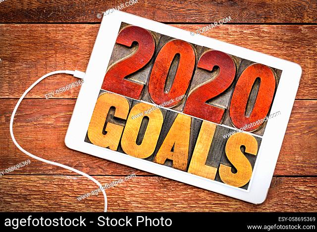 2020 goals banner - New Year resolution concept - text in vintage letterpress wood type printing blocks on a digital tablet