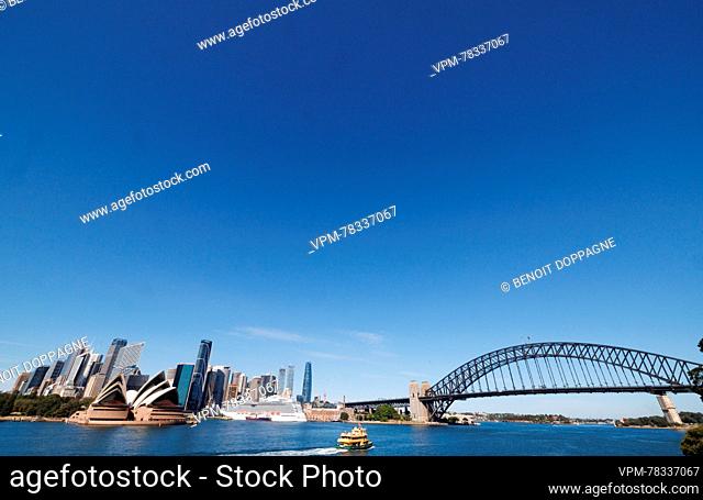 Ilustración muestra Sydney Opera House y Sydney Harbour Bridge tomados durante la Misión Económica belga a la Comunidad de Australia, en Sydney