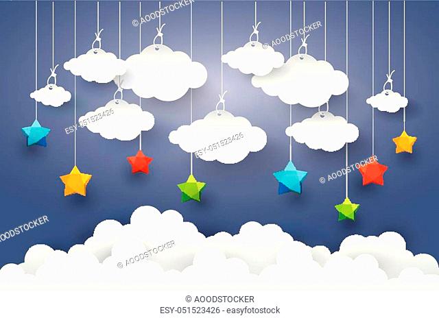 Cloud in Blue sky with Star Paper art Style. vector Illusatration