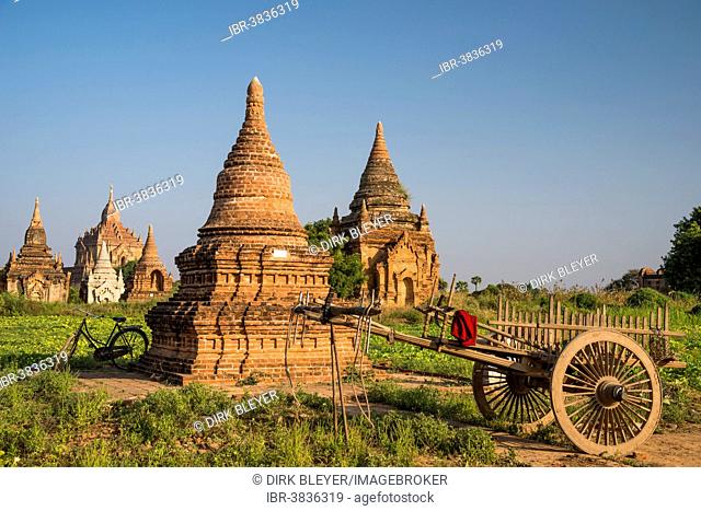 Cart and a bicycle in front of pagoda, temples, stupas in the temple complex of the Plateau of Bagan, Mandalay Division, Myanmar or Burma