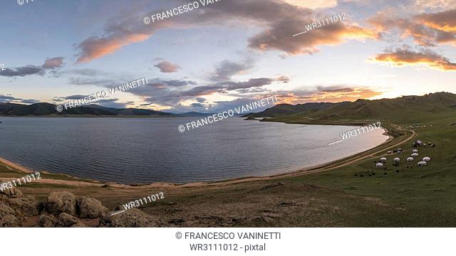 Sunset over White Lake, Tariat district, North Hangay province, Mongolia, Central Asia, Asia