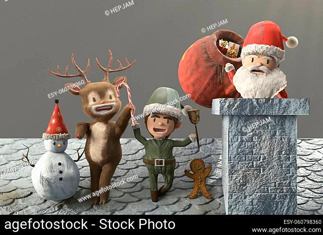 3d illustration. Santa claus and friend arriving by sleigh ready to go down chimney . COPY SPACE for logo and text