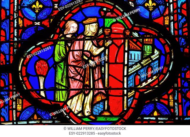 Queen Entering Jerusalem Medieval Life Stained Glass Saint Chapelle Paris France. Saint King Louis 9th created Sainte Chapelle in 1248 to house Christian relics