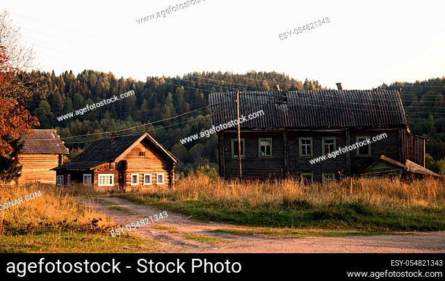 Russian old village on the edge of the forest is destroyed. North-West Russia, Wooden architecture of Karelians and Veps