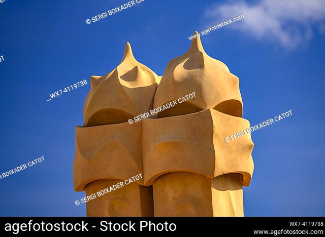 Chimneys in the shapes of soldiers / warriors on the rooftop of Casa Milá  - La Pedrera designed by Antoni Gaudí (Barcelona, Catalonia, Spain)