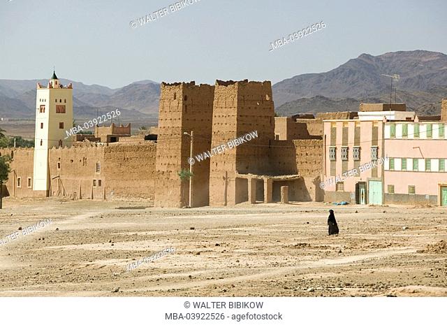Morocco, Tafilalt, Tinejdad, city view, Africa, North-Africa, city, desert-city, city wall, towers, gate, city port, clay-construction-manner