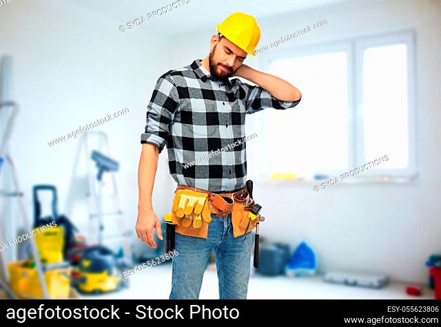 male worker or builder with neck pain