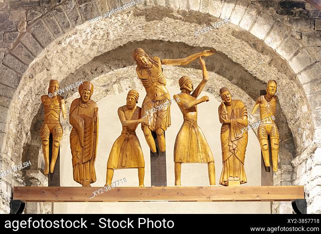 12th century wooden sculptured group of the Descent from the Cross. 12th century Santa Eulalia church, Erill la Vall, Lleida Province, Catalonia, Spain