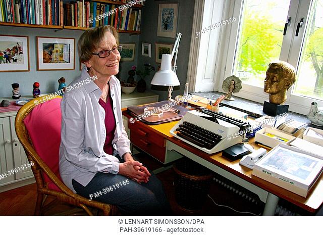 Astrid Lindgren's daughter Karin Nyman sits at the desk of her mother, who died in 2002, in Stockholm, Sweden, 14 May 2013