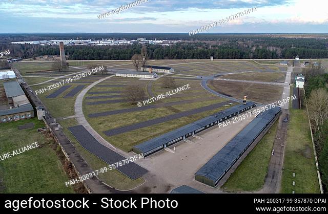 04 March 2020, Brandenburg, Oranienburg: The grounds of the Sachsenhausen memorial (aerial photograph taken with a drone)