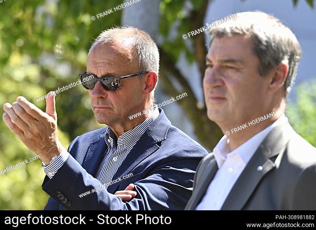 From right: Markus SOEDER (Prime Minister of Bavaria and CSU Chairman), Friedrich MERZ with sunglasses, Prime Minister Dr