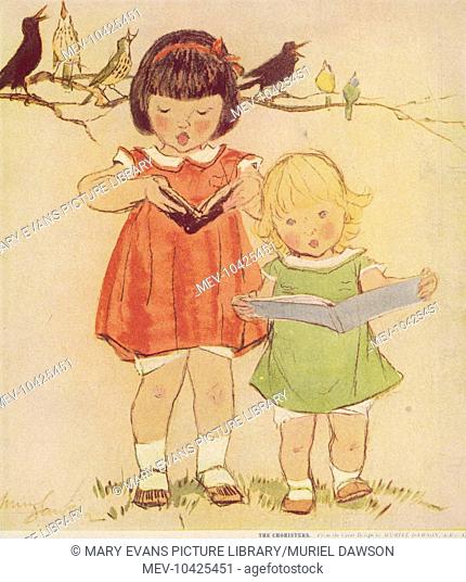 Two sweet little girls stand together and sing from song books, accompanied by chirping birds on a tree branch behind them
