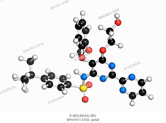 Bosentan pulmonary artery hypertension (PAH) drug molecule. Atoms are represented as spheres with conventional colour coding: hydrogen (white), carbon (black)